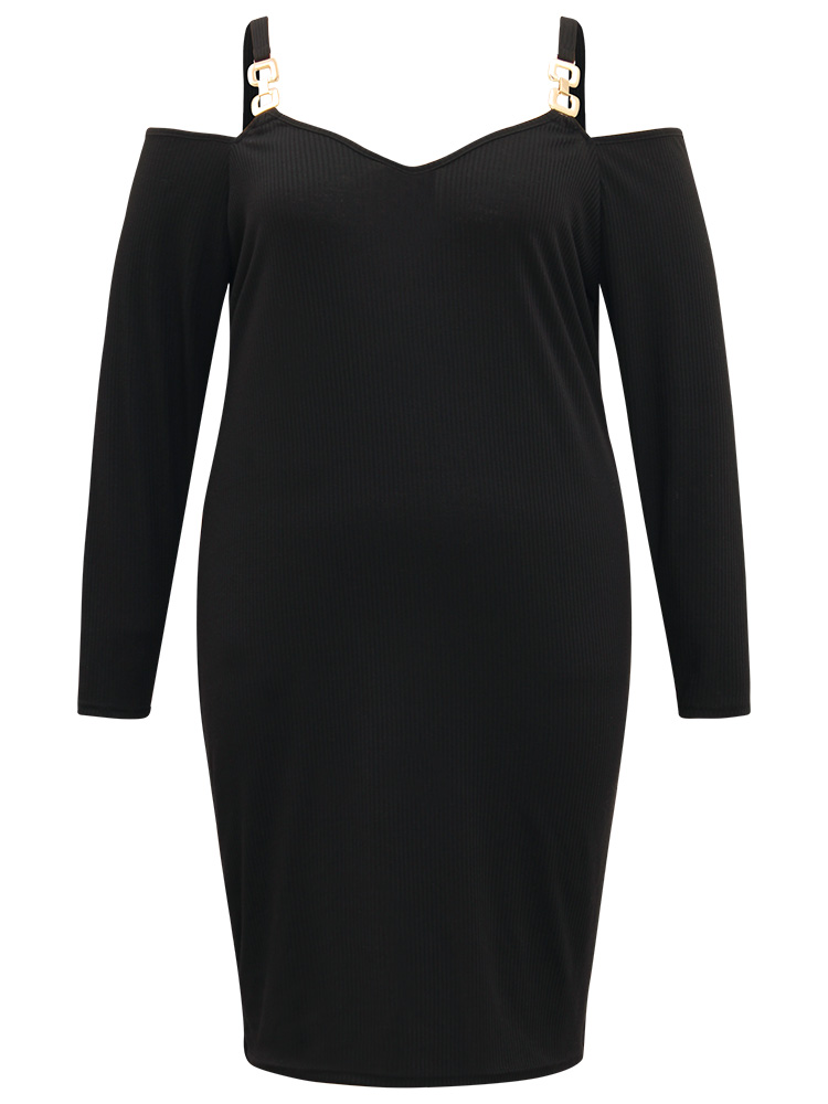 

Plus Size Plain Rib Knit Metal Detail Cami Dress Black Women Casual Texture Spaghetti Strap Long Sleeve Curvy Knee Dress BloomChic