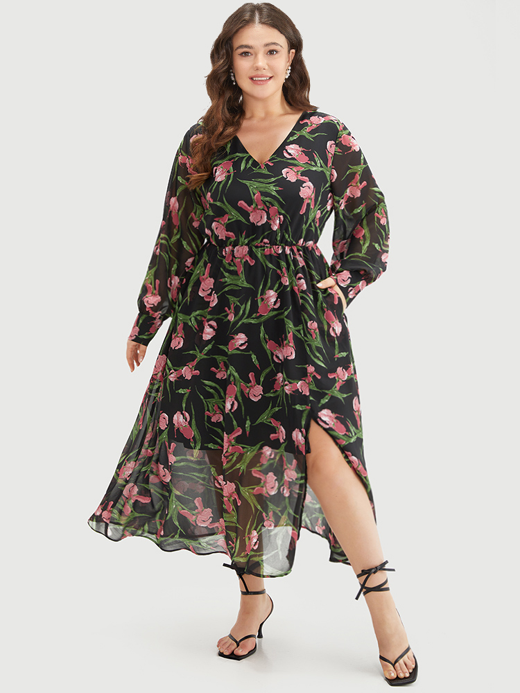 Plus Size Women Dailywear Floral Printed Regular Sleeve Long Sleeve V-neck Pocket Elegant Dresses BloomChic 
