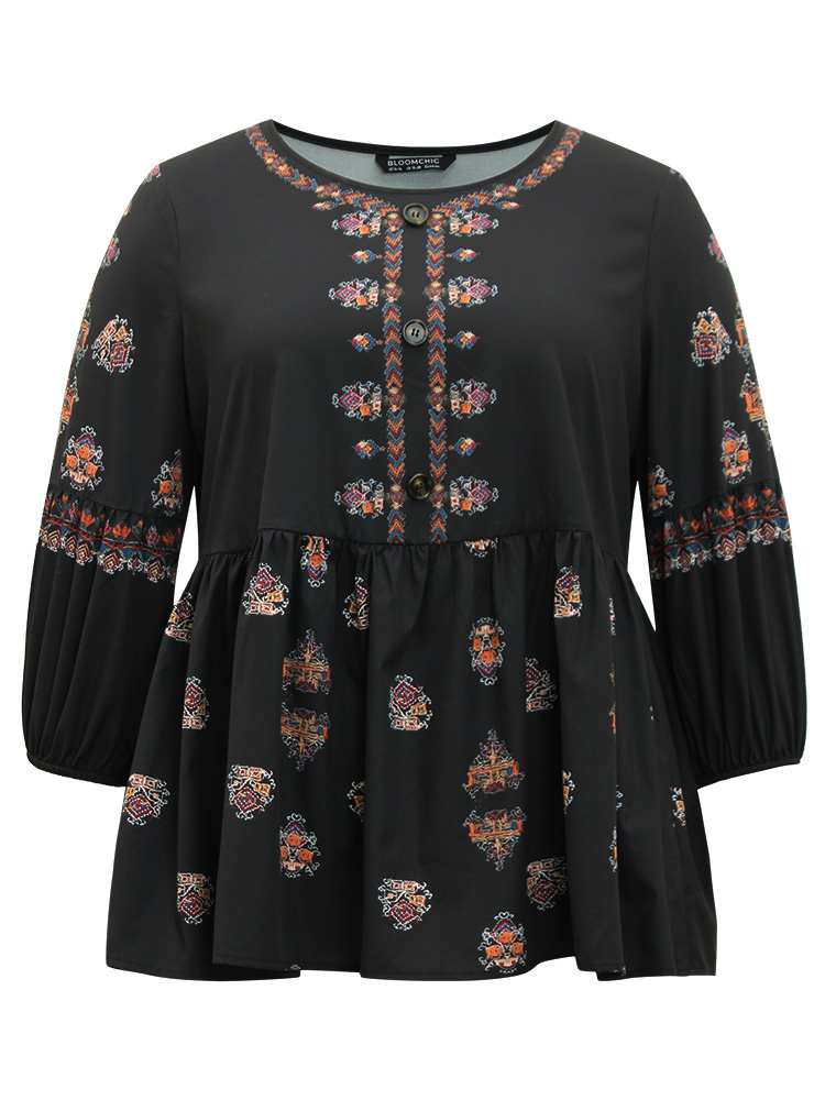 Plus Size Women Vacation Bohemian Print Gathered Lantern Sleeve Elbow-length sleeve Round Neck Vacation Blouses BloomChic 