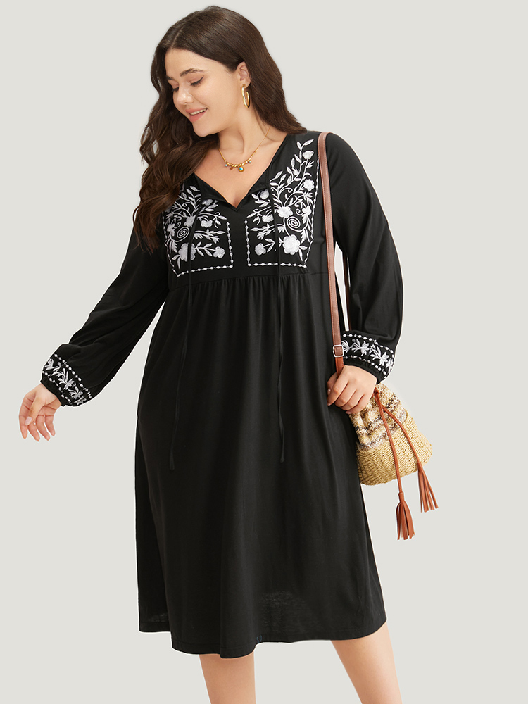 

Plus Size Floral Embroidered Tie Neck Pocket Dress Black Women Vacation Cross straps Tie Neck Long Sleeve Curvy Midi Dress BloomChic