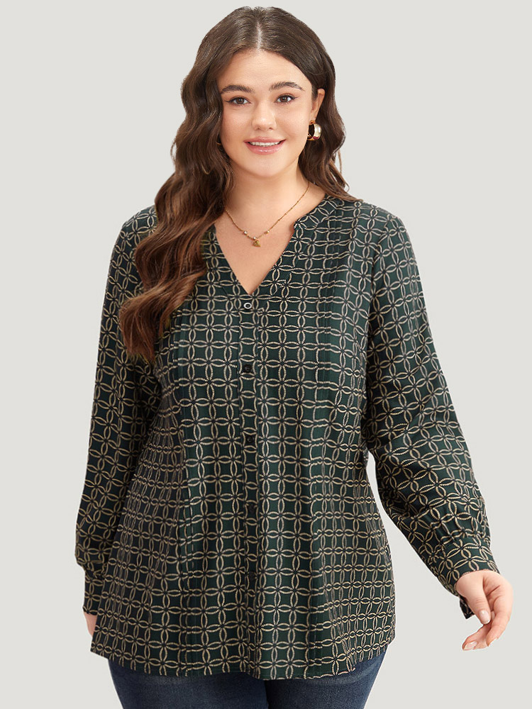 

Plus Size ArmyGreen Geometric Graphic Pleated Detail Blouse Women Office Long Sleeve V-neck Work Blouses BloomChic