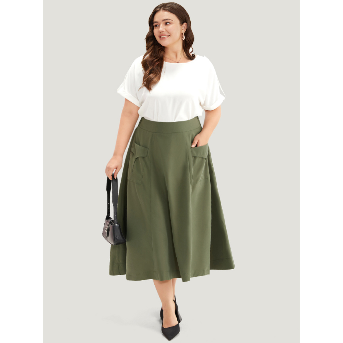 

Plus Size Solid Pocket Wideband Waist Skirt Women ArmyGreen Casual Non Loose Low stretch Patch pocket Everyday Skirts BloomChic