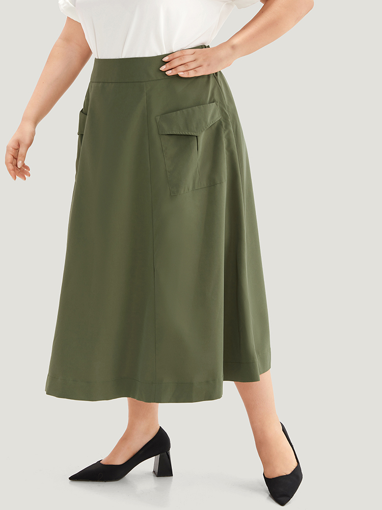 Plus Size Solid Pocket Wideband Waist Skirt Women ArmyGreen Casual Non Loose Low stretch Patch pocket Everyday Skirts BloomChic 28/5X 