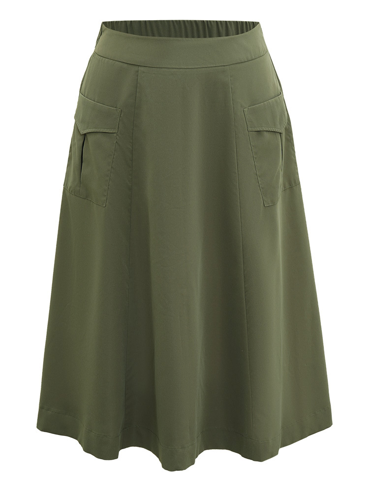 Plus Size Solid Pocket Wideband Waist Skirt Women ArmyGreen Casual Non Loose Low stretch Patch pocket Everyday Skirts BloomChic 28/5X 