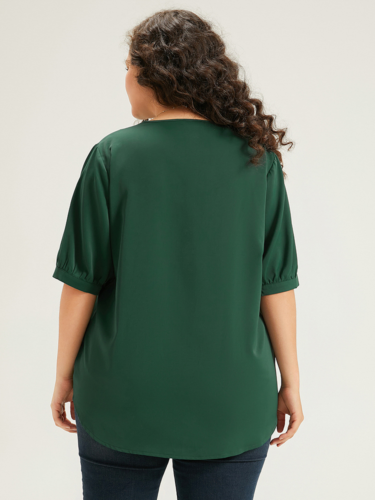 Plus Size DarkGreen Button Detail Plicated Detail Blouse Women Office Half Sleeve V-neck Work Blouses BloomChic 30/6X 