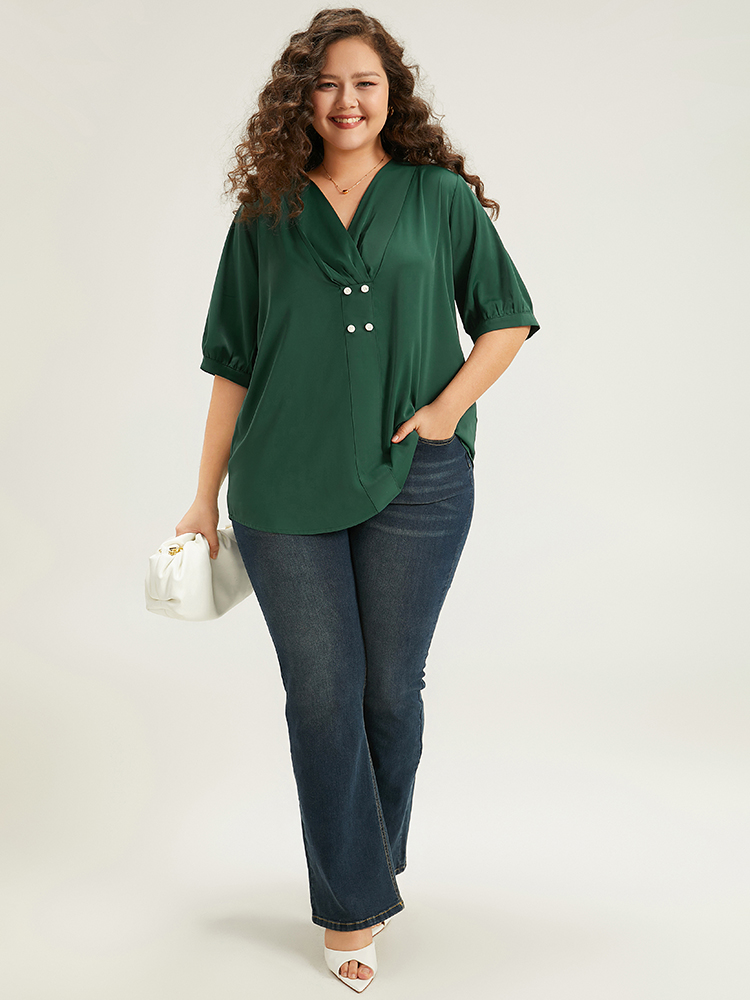 Plus Size DarkGreen Button Detail Plicated Detail Blouse Women Office Half Sleeve V-neck Work Blouses BloomChic 30/6X 