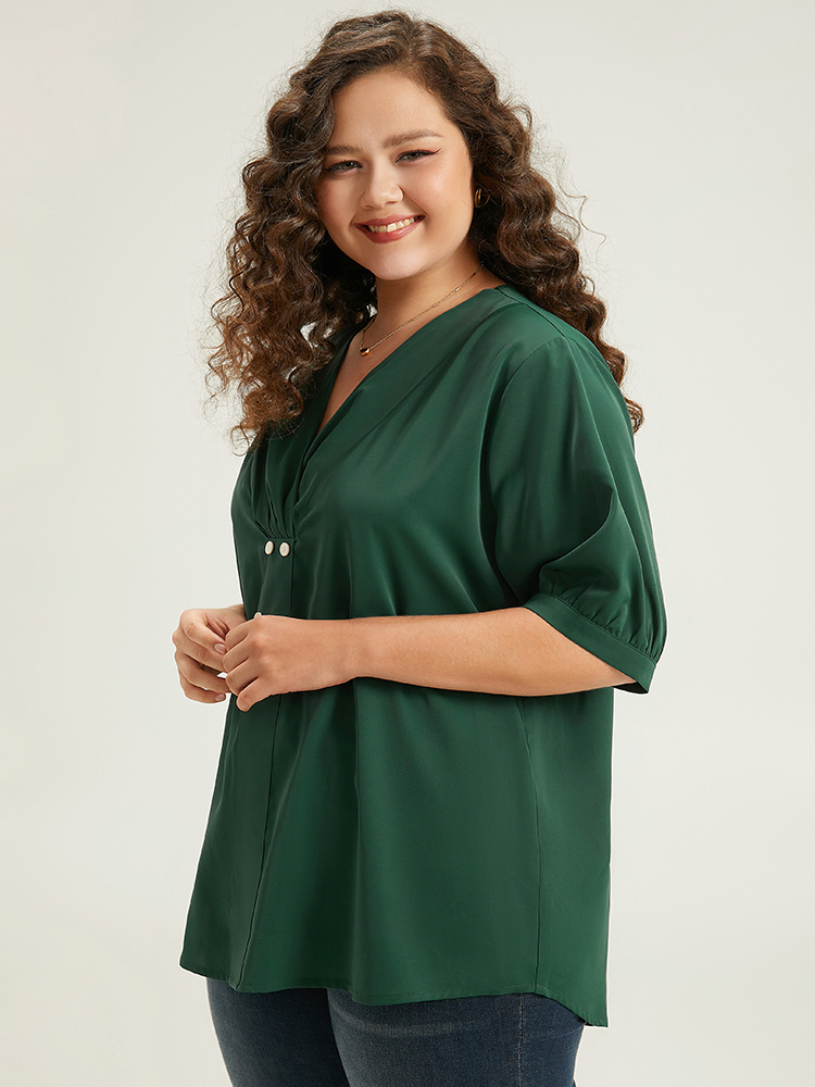 Plus Size DarkGreen Button Detail Plicated Detail Blouse Women Office Half Sleeve V-neck Work Blouses BloomChic 30/6X 