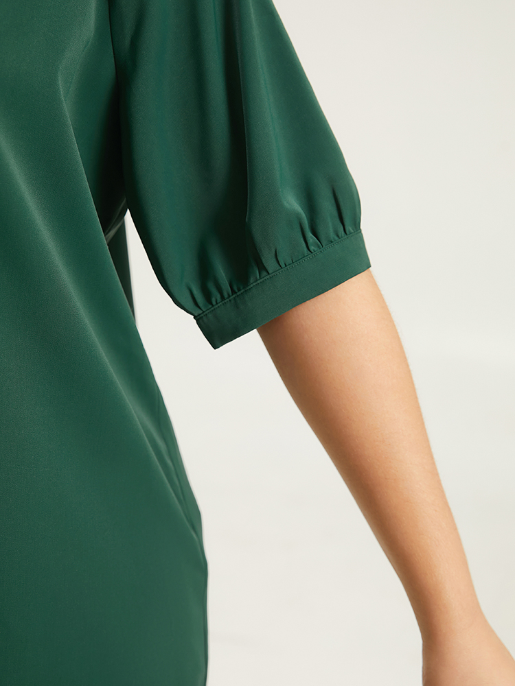 Plus Size DarkGreen Button Detail Plicated Detail Blouse Women Office Half Sleeve V-neck Work Blouses BloomChic 30/6X 