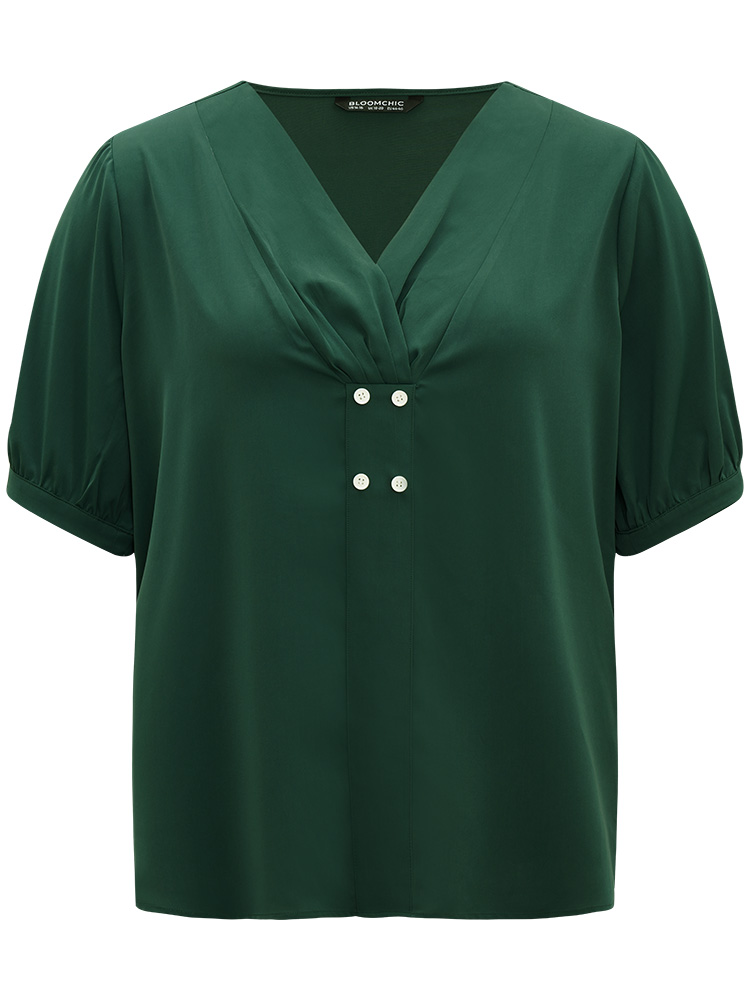 

Plus Size DarkGreen Button Detail Plicated Detail Blouse Women Office Half Sleeve V-neck Work Blouses BloomChic