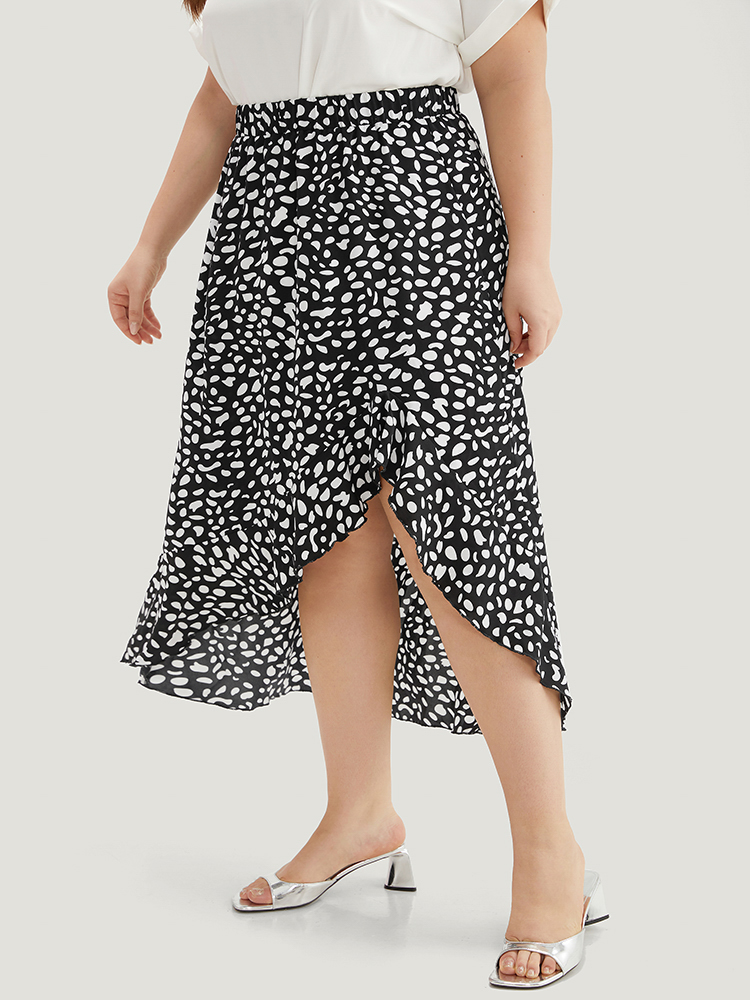 

Plus Size Leopard Elastic Waist Ruffles Asymmetrical Hem Skirt Women Black Elegant Elastic Waist Low stretch Dailywear Skirts BloomChic