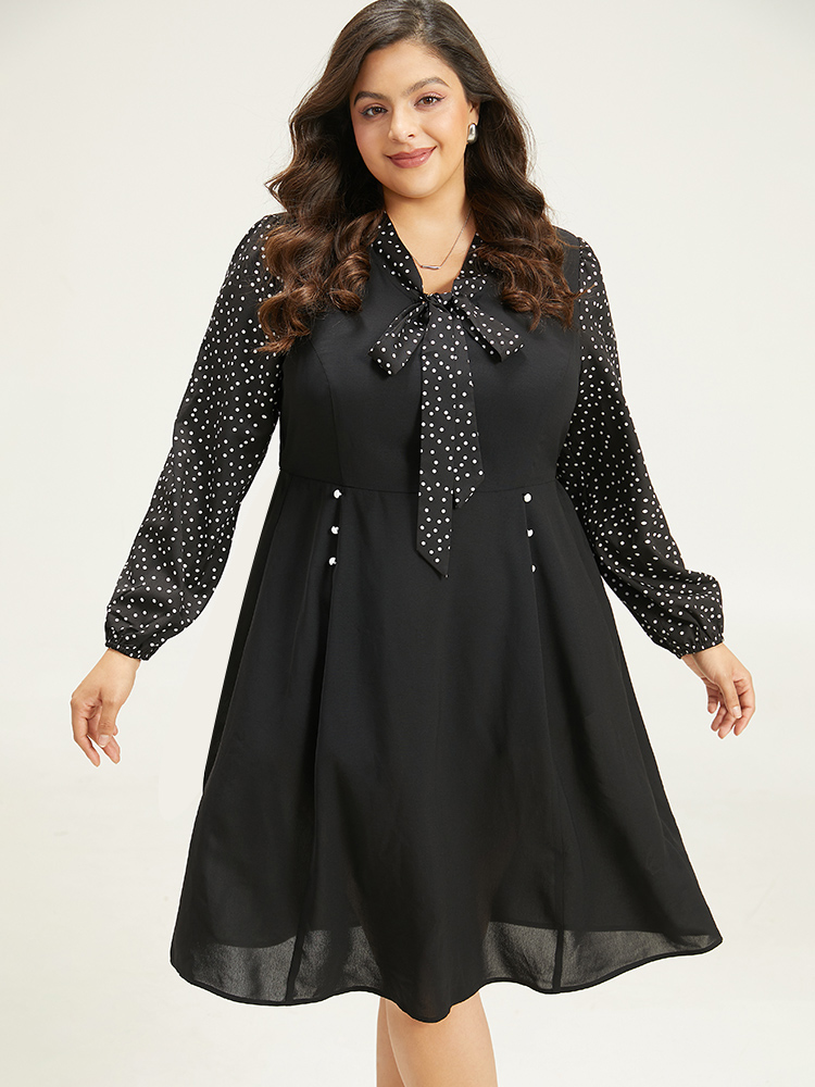 Plus Size Polka Dot Ties Pocket Button Detail Dress Black Women Office Elastic cuffs Tie Neck Long Sleeve Curvy Knee Dress BloomChic 26/4X 