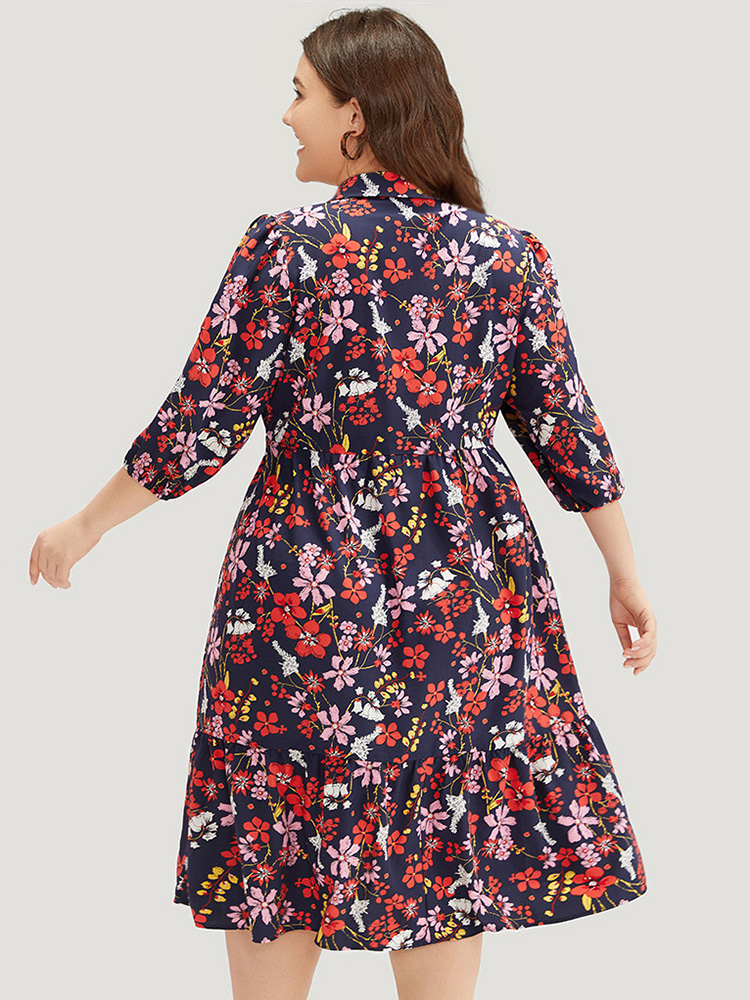 

Plus Size Floral Print Shirt Collar Ruffled Hem Dress DarkBlue Women Elegant Elastic cuffs Shirt collar Elbow-length sleeve Curvy Midi Dress BloomChic