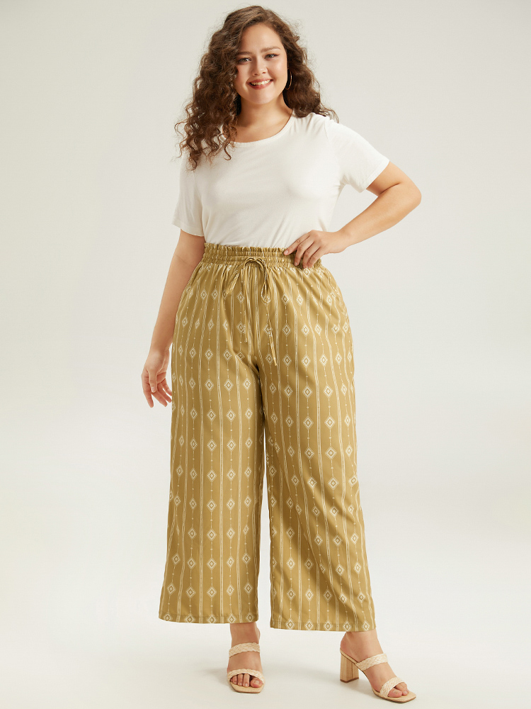 Plus Size Women Dailywear Bohemian Print Elastic Waist High Rise Pocket Vacation Pants BloomChic 