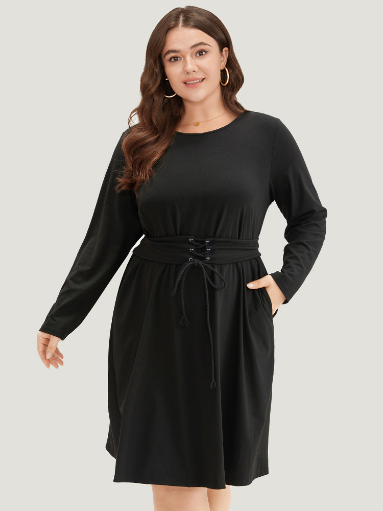 Plus Size Women Dailywear Plain Plain Regular Sleeve Long Sleeve Round Neck Pocket Casual Dresses BloomChic 