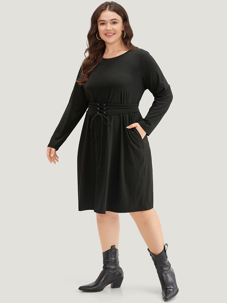 Plus Size Women Dailywear Plain Plain Regular Sleeve Long Sleeve Round Neck Pocket Casual Dresses BloomChic 