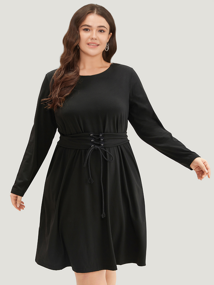 Plus Size Women Dailywear Plain Plain Regular Sleeve Long Sleeve Round Neck Pocket Casual Dresses BloomChic 