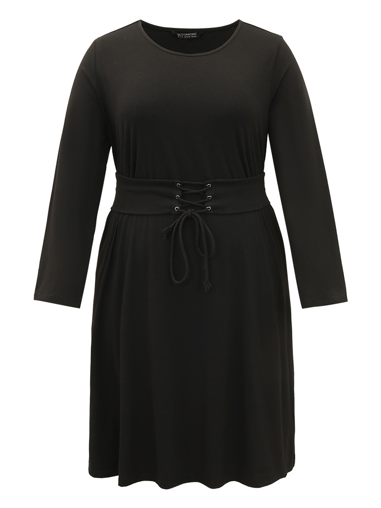 

Plus Size Solid Pocket Drawstring Ties Dress Black Women Casual Plain Round Neck Long Sleeve Curvy Knee Dress BloomChic