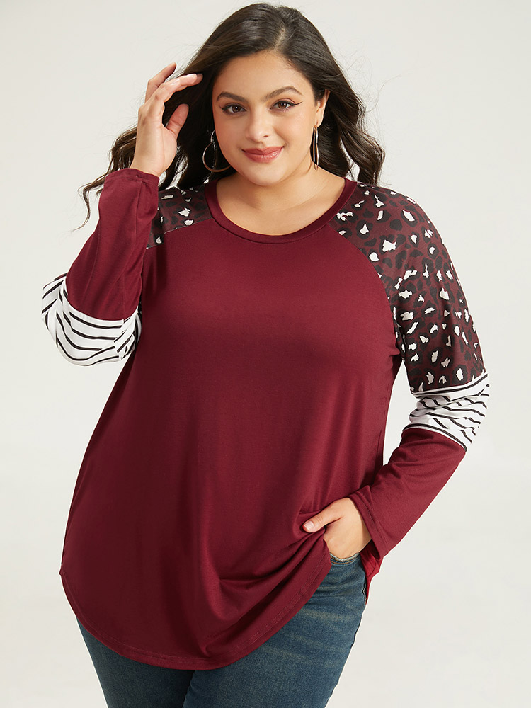 

Plus Size Leopard Striped Patchwork Raglan Sleeve T-shirt Burgundy Women Casual Contrast Leopard Round Neck Dailywear T-shirts BloomChic