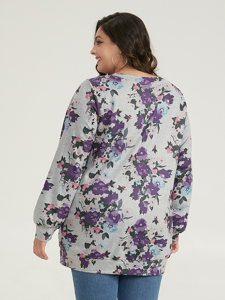 

Plus Size Floral Print Pocket Sweatshirt Women DimGray Casual Printed Round Neck Dailywear Sweatshirts BloomChic