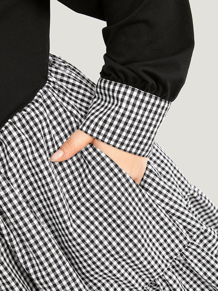 

Plus Size Notched Drawstring Gingham Patchwor Dress Black Women Patchwork Notched collar Long Sleeve Curvy Midi Dress BloomChic