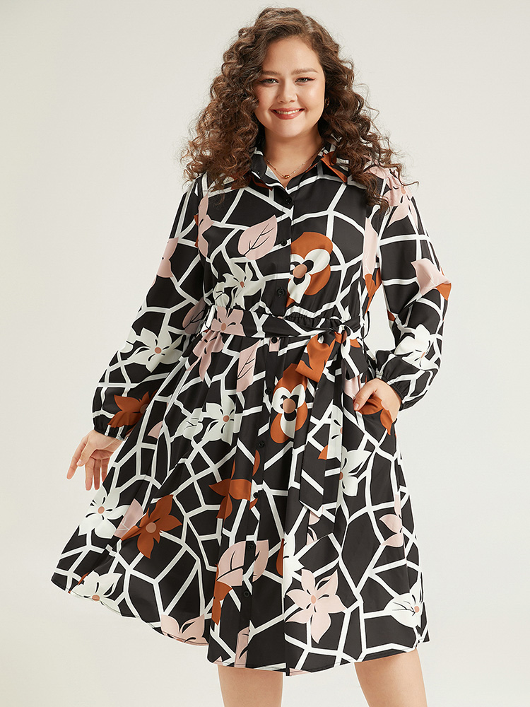 

Plus Size Geometric & Plants Button Through Pocket Dress Multicolor Women Office Elastic cuffs Shirt collar Long Sleeve Curvy Midi Dress BloomChic