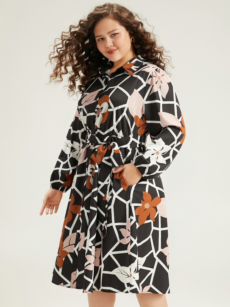 

Plus Size Geometric & Plants Button Through Pocket Dress Multicolor Women Office Elastic cuffs Shirt collar Long Sleeve Curvy Midi Dress BloomChic