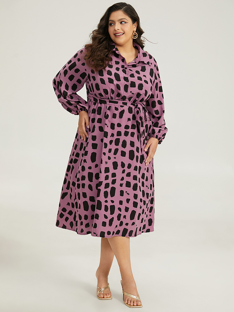 Plus Size Women Work Geometric Belted Lantern Sleeve Long Sleeve Shirt collar Pocket Belt Office Dresses BloomChic 