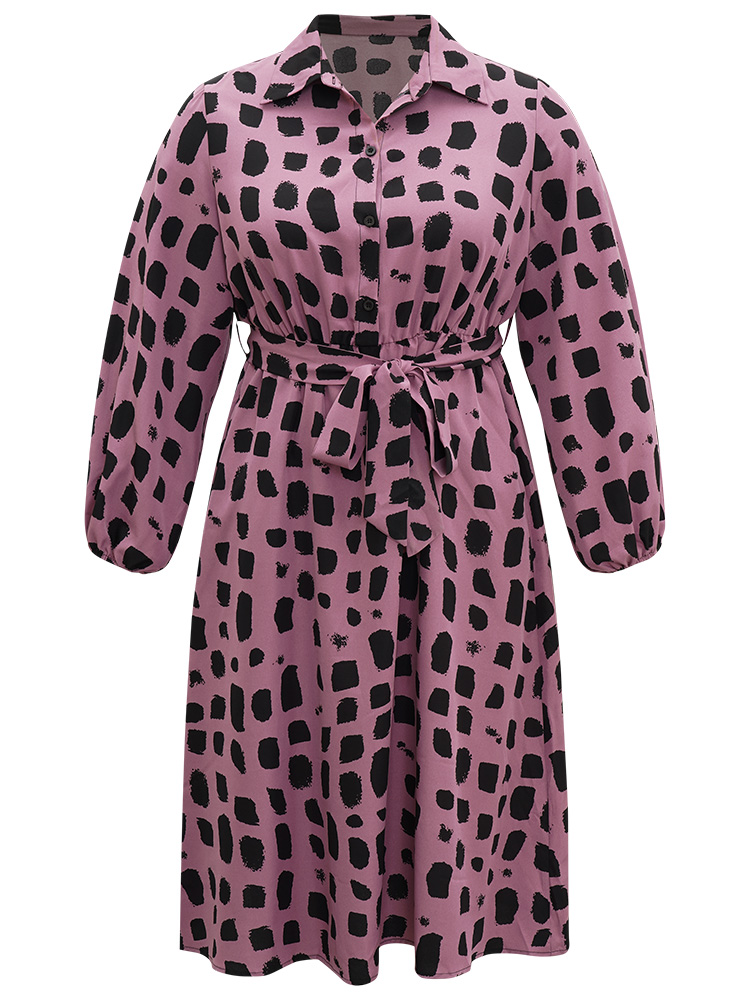 Plus Size Women Work Geometric Belted Lantern Sleeve Long Sleeve Shirt collar Pocket Belt Office Dresses BloomChic 