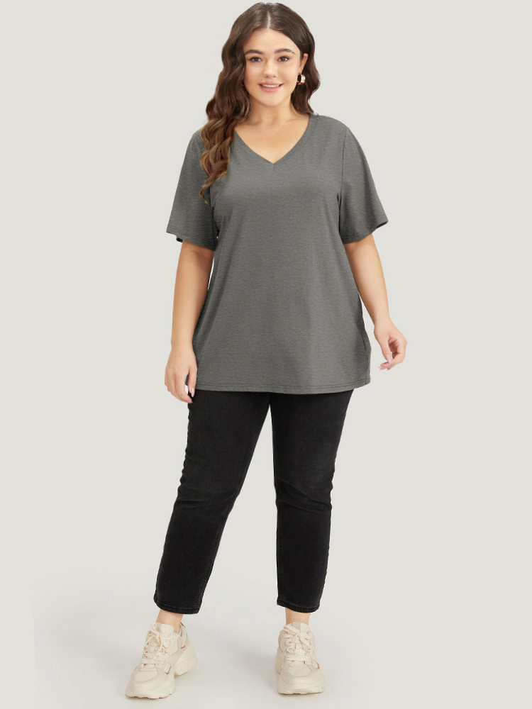 

Plus Size Solid Twist Back V Neck Short Sleeve T-shirt Gray Women Casual Plain Plain V-neck Dailywear T-shirts BloomChic