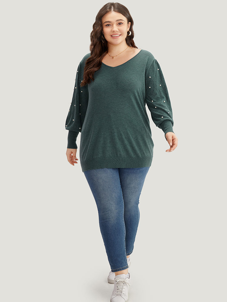 

Plus Size Supersoft Essentials Solid Pearl Beaded Elastic Cuffs Pullover DarkGreen Women Casual Long Sleeve V-neck Dailywear Pullovers BloomChic