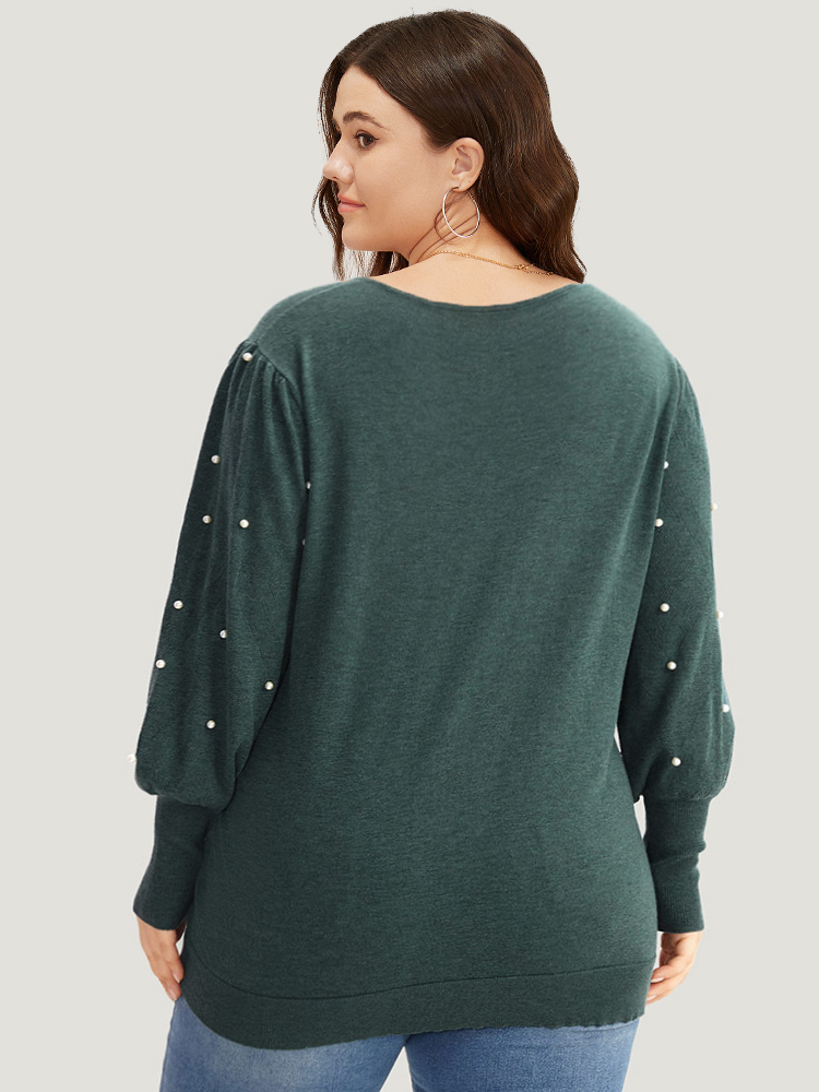 

Plus Size Supersoft Essentials Solid Pearl Beaded Elastic Cuffs Pullover DarkGreen Women Casual Long Sleeve V-neck Dailywear Pullovers BloomChic