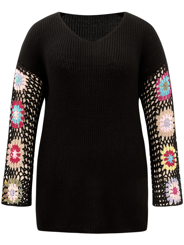 

Plus Size Floral Embroidered Hollow Out Pullover Black Women Casual Long Sleeve V-neck Everyday Pullovers BloomChic