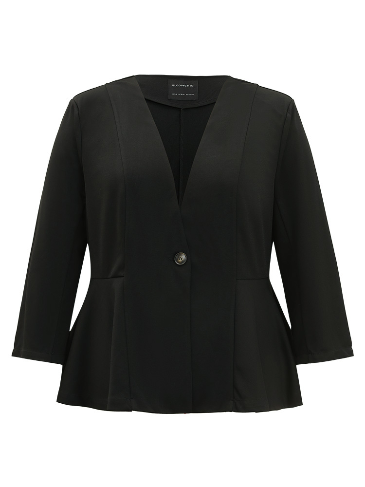 

Plus Size Plain Button Up Ruffle Hem Blazer Black Women Dailywear Plain Plain Sleeve Long Sleeve V-neck  Casual Blazers BloomChic