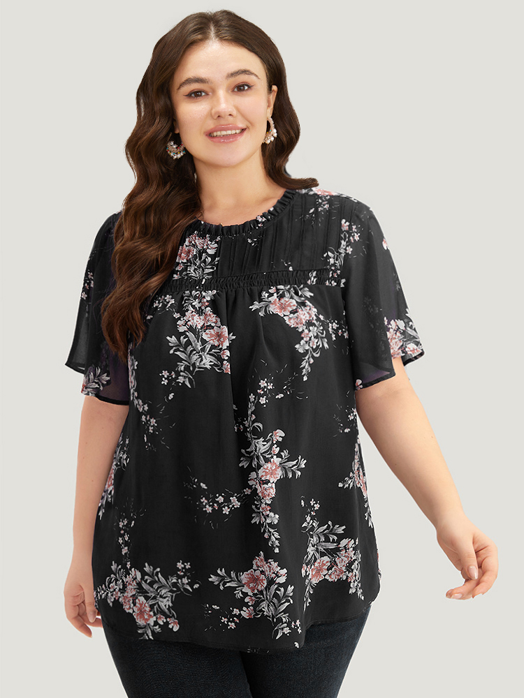 

Plus Size Black Floral Print Frill Trim Shirred Flutter Sleeve Blouse Women Elegant Short sleeve Round Neck Dailywear Blouses BloomChic