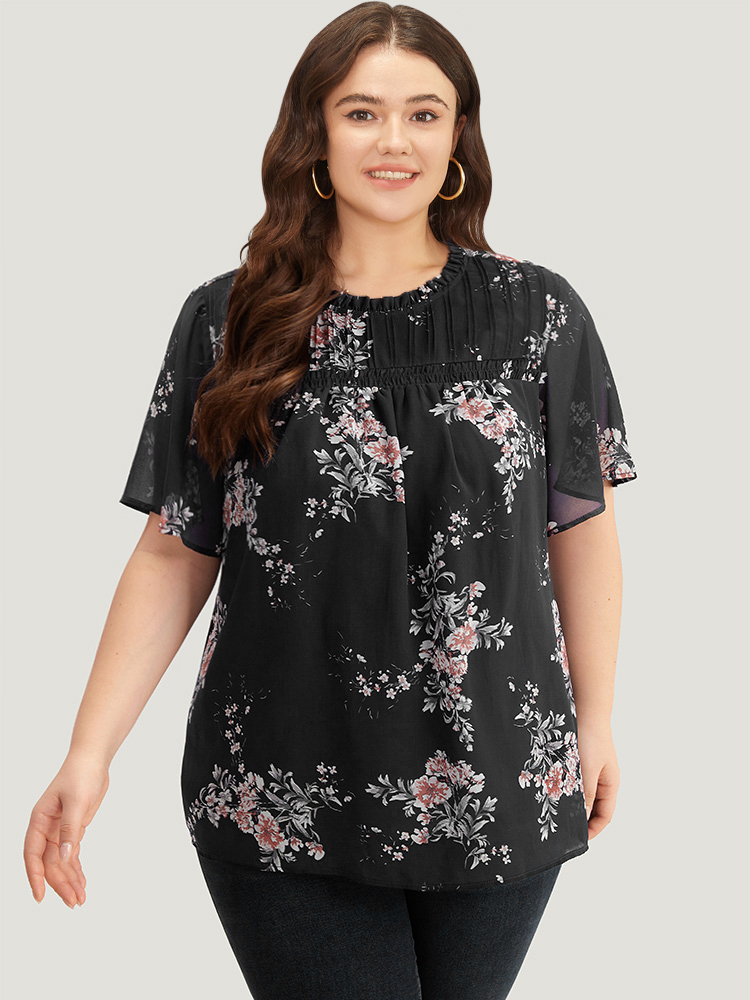 

Plus Size Black Floral Print Frill Trim Shirred Flutter Sleeve Blouse Women Elegant Short sleeve Round Neck Dailywear Blouses BloomChic