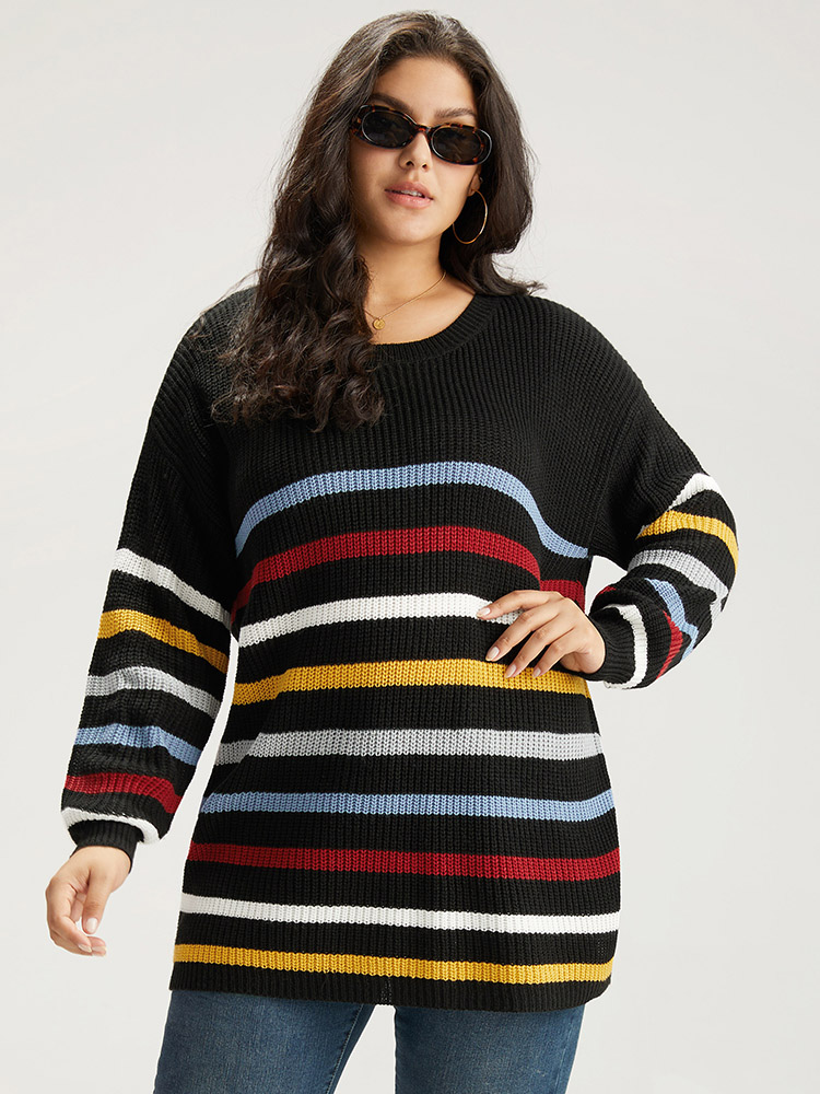 

Plus Size Rainbow Striped Drop Shoulder Lantern Sleeve Pullover Multicolor Women Casual Loose Long Sleeve Round Neck Dailywear Pullovers BloomChic