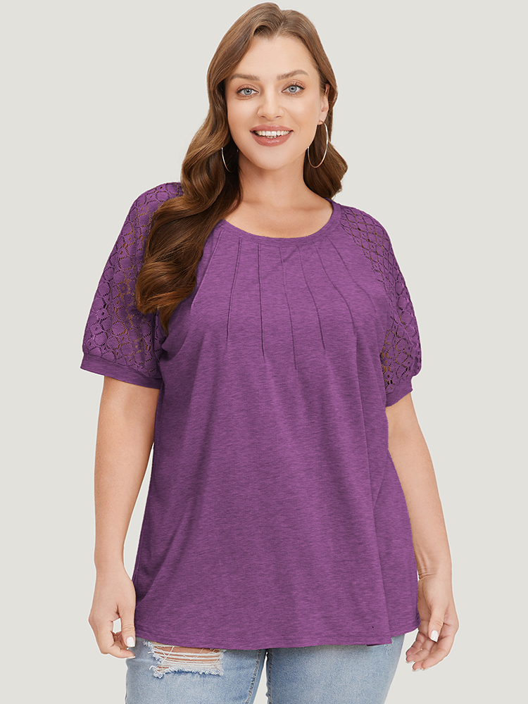 

Plus Size Solid Lace Raglan Sleeve Pleated T-shirt Purple Round Neck Short sleeve Casual Jersey Tops