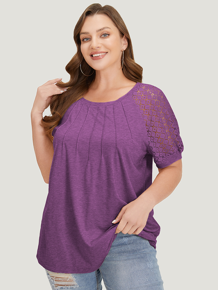 

Plus Size Solid Lace Raglan Sleeve Pleated T-shirt Purple Round Neck Short sleeve Casual Jersey Tops