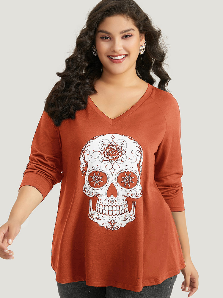 

Plus Size Halloween Skull Print Long Sleeve T-shirt Chocolate Women Casual Printed Halloween Festival-Halloween T-shirts BloomChic