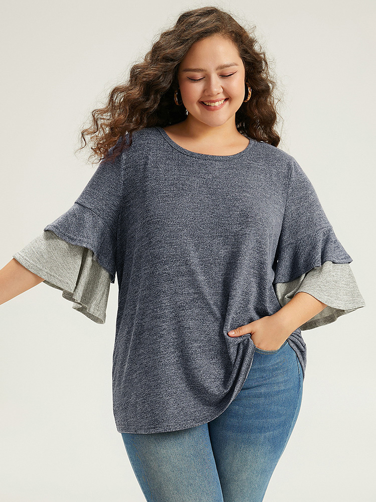 

Plus Size Contrast Layered Flutter Sleeve T-shirt Navy Round Neck Half Sleeve Casual Jersey Tops