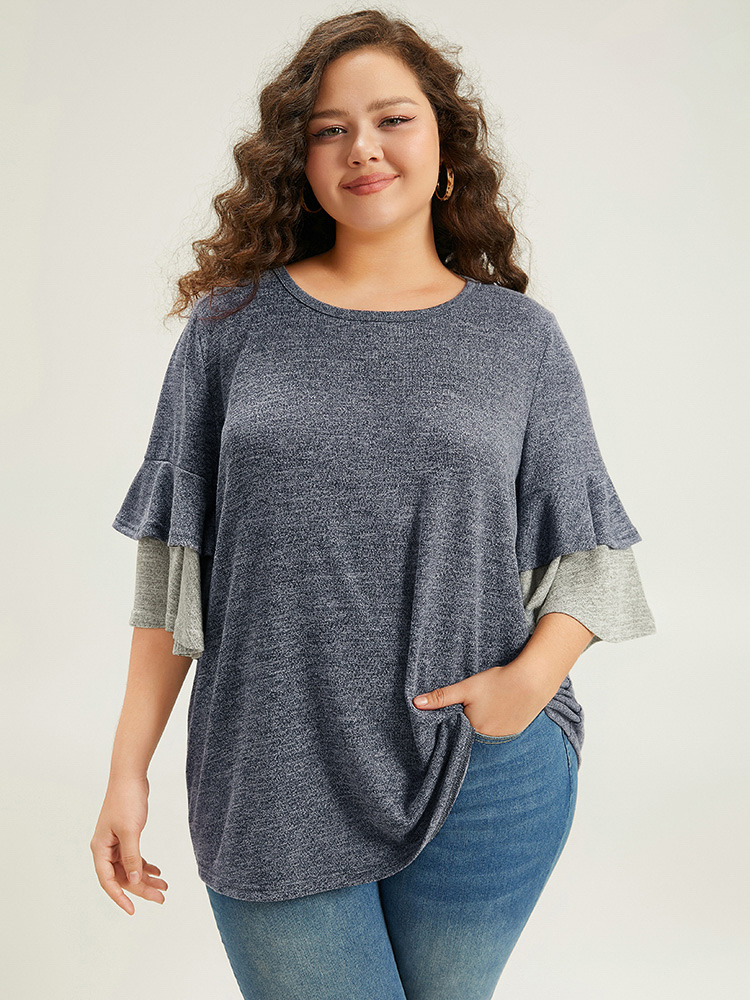 

Plus Size Contrast Layered Flutter Sleeve T-shirt Navy Round Neck Half Sleeve Casual Jersey Tops