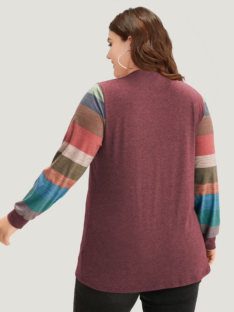 Plus Size Colorblock Contrast V Neck Button Up T-shirt Red Women Casual Elastic cuffs Striped V-neck Everyday T-shirts BloomChic 12/L 