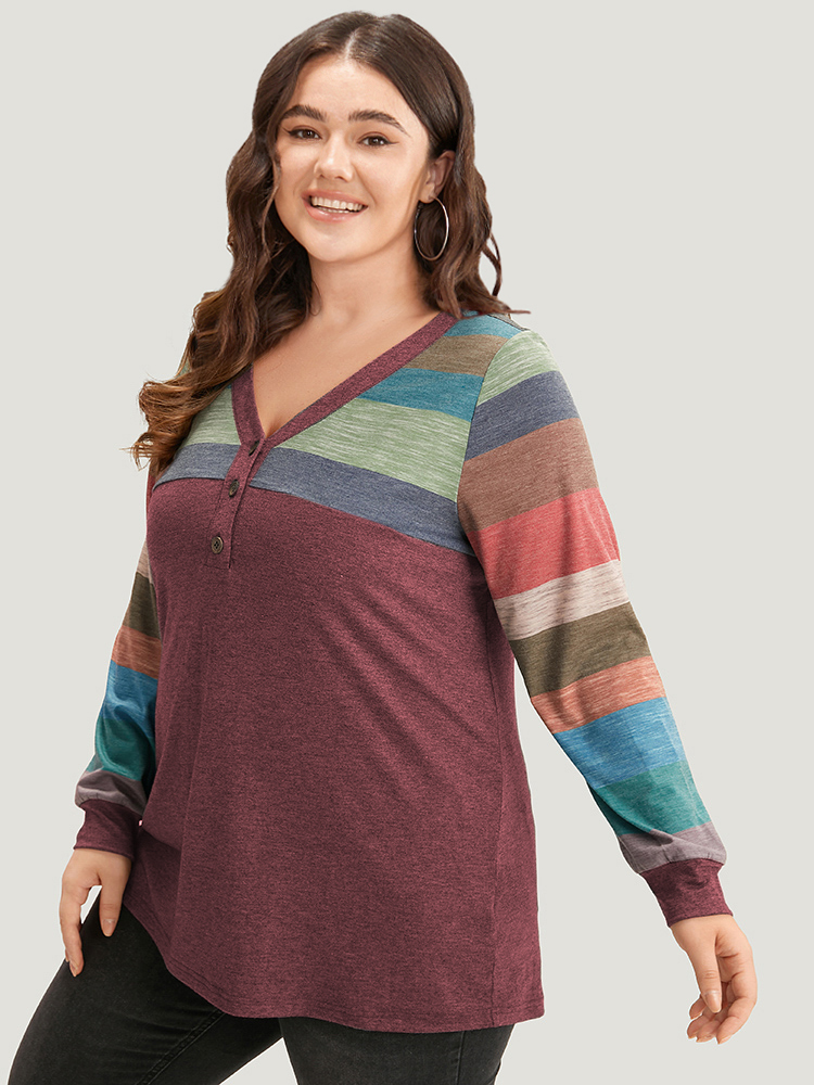 Plus Size Colorblock Contrast V Neck Button Up T-shirt Red Women Casual Elastic cuffs Striped V-neck Everyday T-shirts BloomChic 12/L 