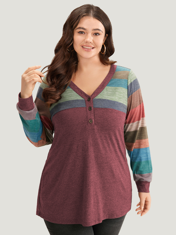 Plus Size Colorblock Contrast V Neck Button Up T-shirt Red Women Casual Elastic cuffs Striped V-neck Everyday T-shirts BloomChic 12/L 