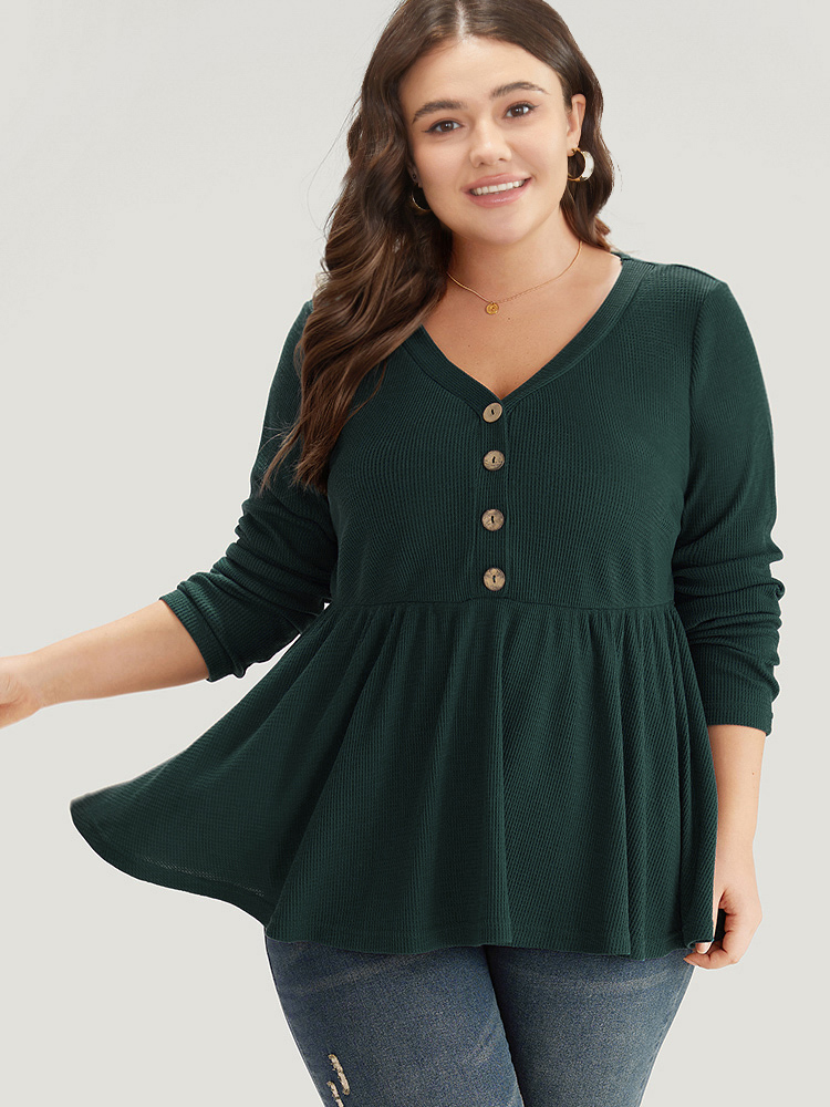 

Plain Button Up V Neck Flutter Hem T-shirt, Darkgreen