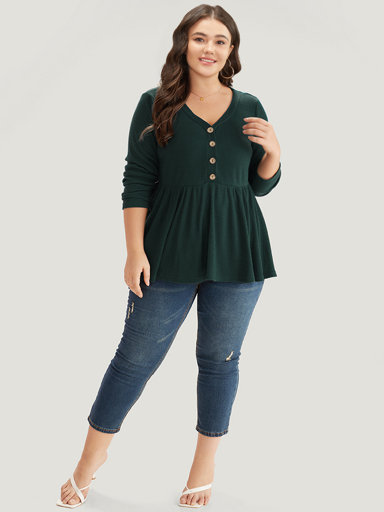 

Plus Size Plain Button Up V Neck Flutter Hem T-shirt DarkGreen V-neck Long Sleeve Casual Jersey Tops