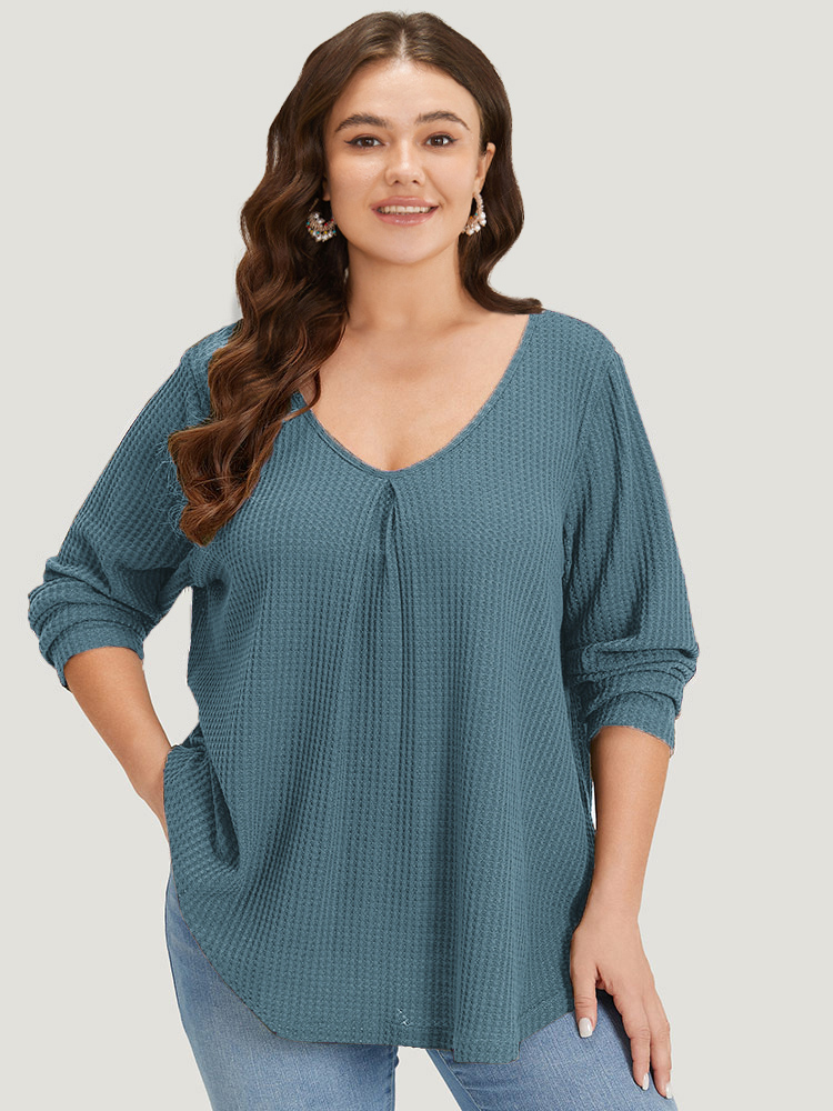 

Plus Size Plain Waffle Knit Scoop Neck Plicated Detail T-shirt Blue Women Casual Non Plain V-neck Everyday T-shirts BloomChic