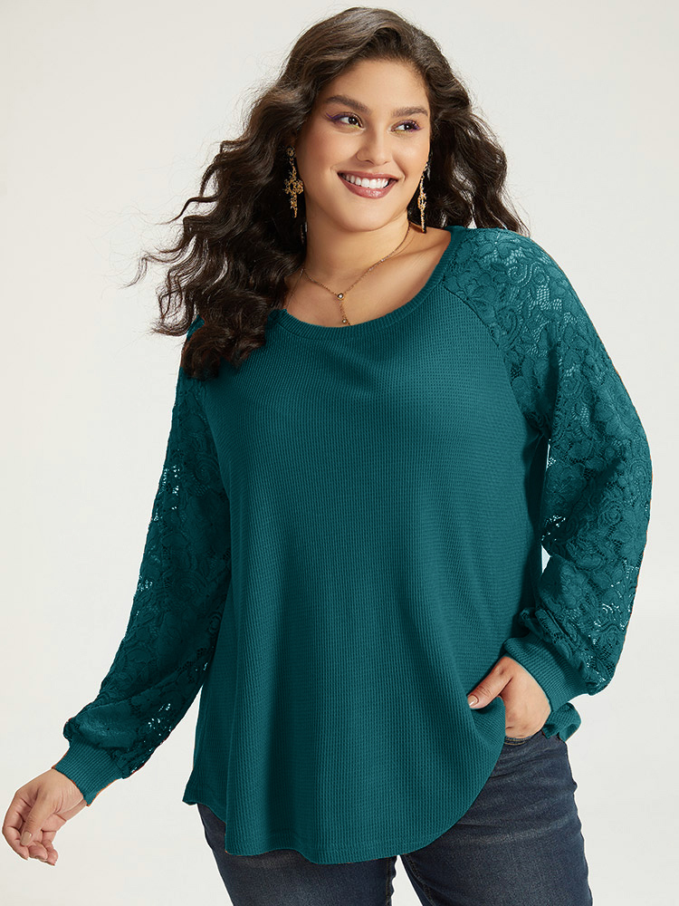 

Plus Size Plain Lace Panel Round Neck Raglan Sleeve T-shirt Teal Round Neck Long Sleeve Elegant Jersey Tops