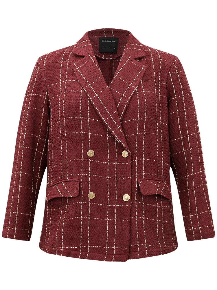 Plus Size Halloween Plaid Tweed Button Up Pocket Lapel Collar Blazer Scarlet Women Dailywear Plaid Button Sleeve Long Sleeve Lapel Collar 12/L Pocket Casual Blazers BloomChic 