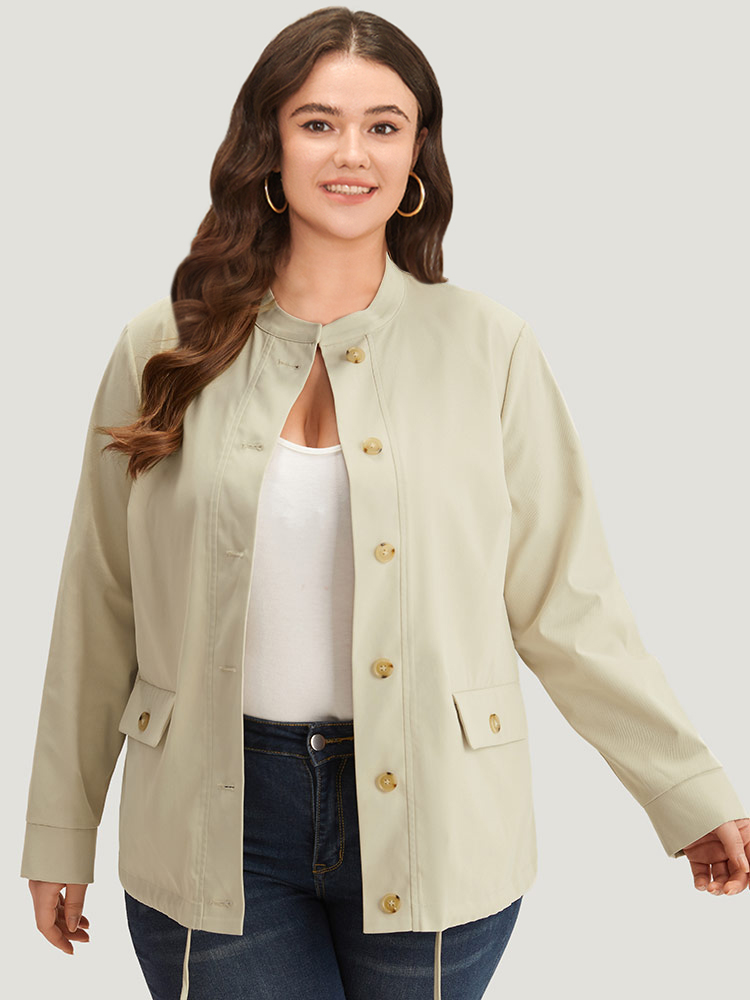 

Plus Size Solid Stand Collar Drawstring Flap Pocket Jacket Women Ivory Casual Plain Ladies Dailywear Winter Coats BloomChic